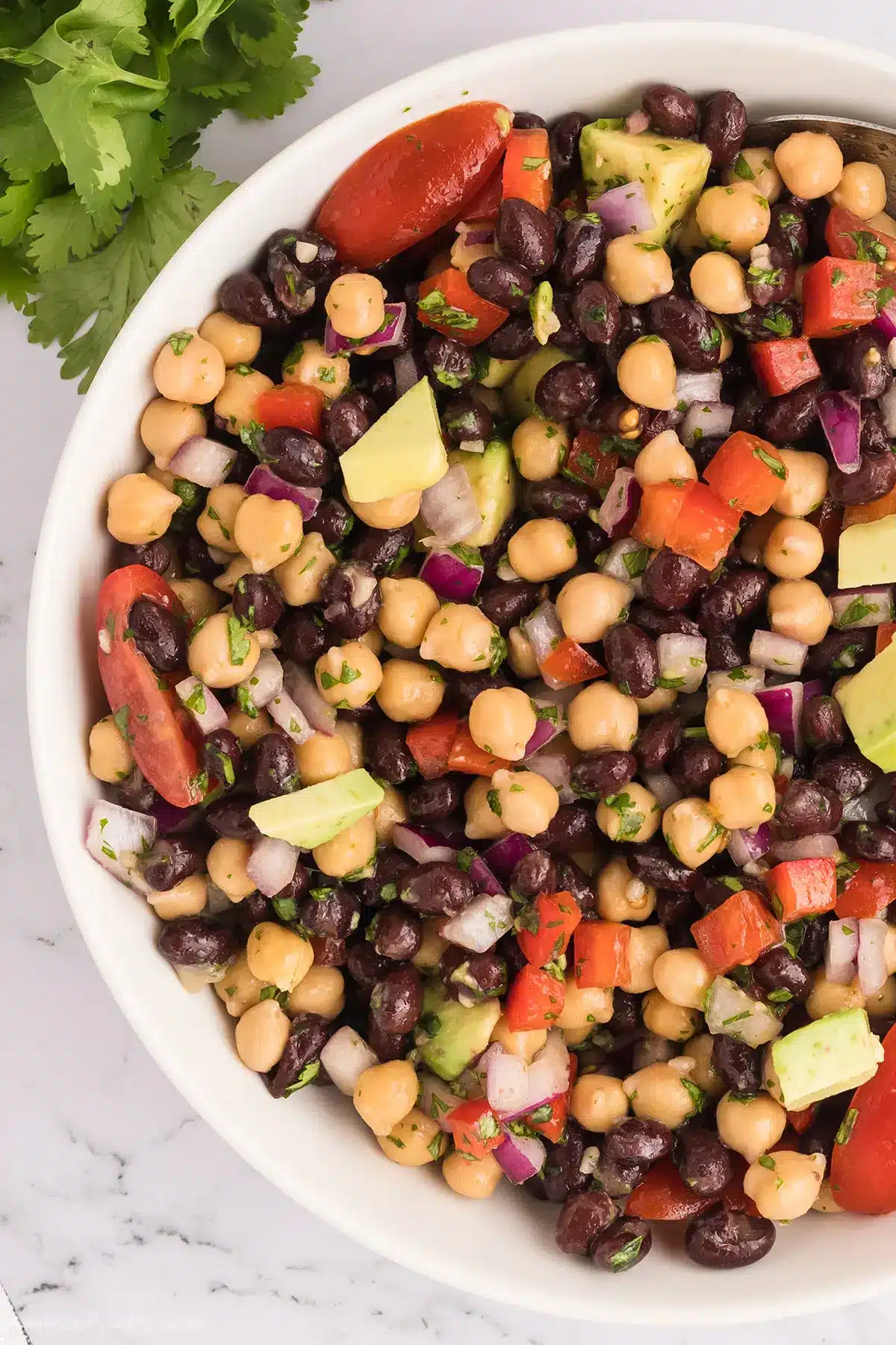 An overhead view of a white bowl of black bean salad.