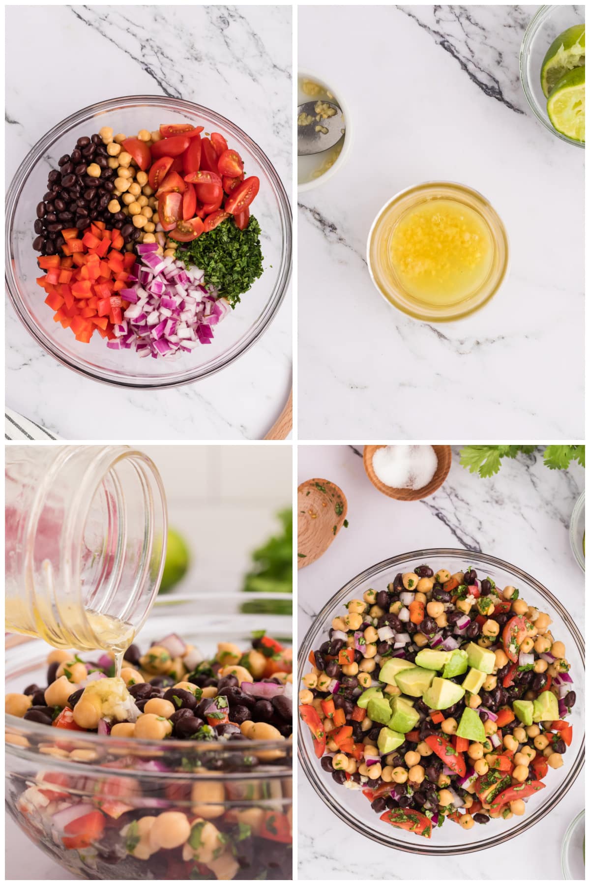 A collage of four images showing how to make black bean salad.