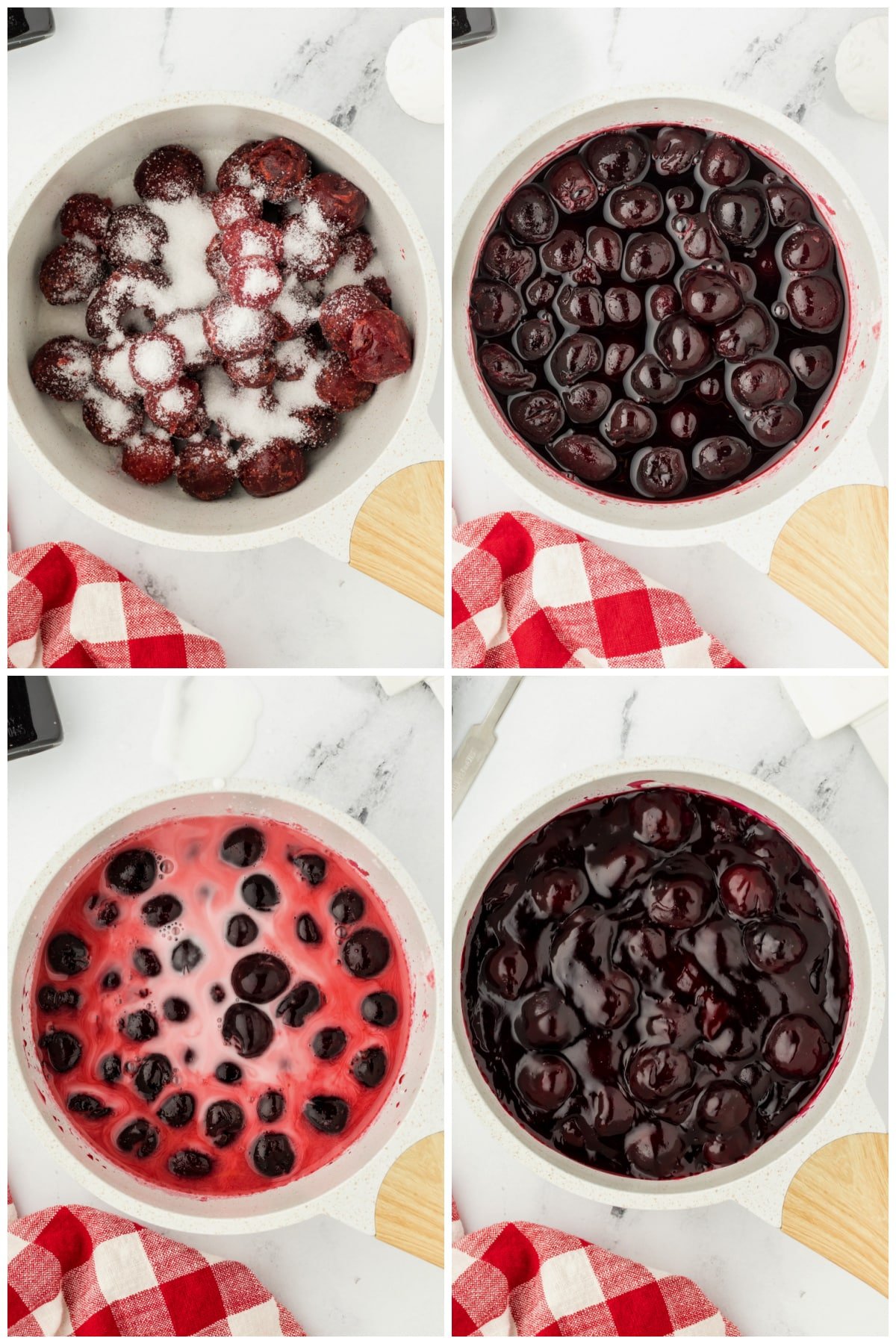 A collage of four images showing how to make cherry sauce.