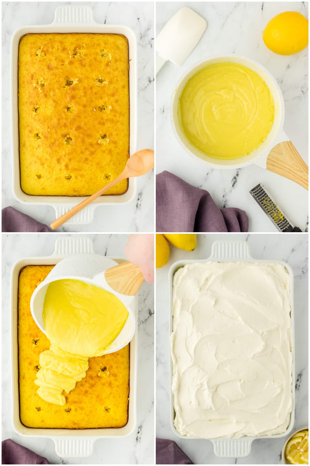 A collage of four images showing how to make lemon poke cake.