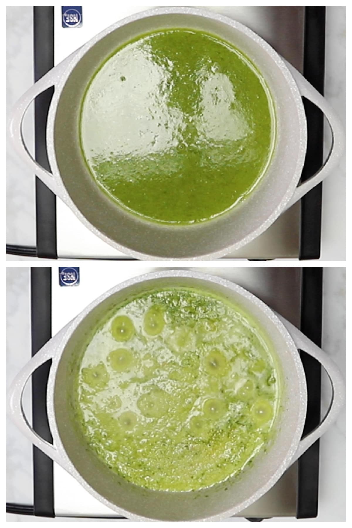 A collage of two images howing how to make pesto couscous.