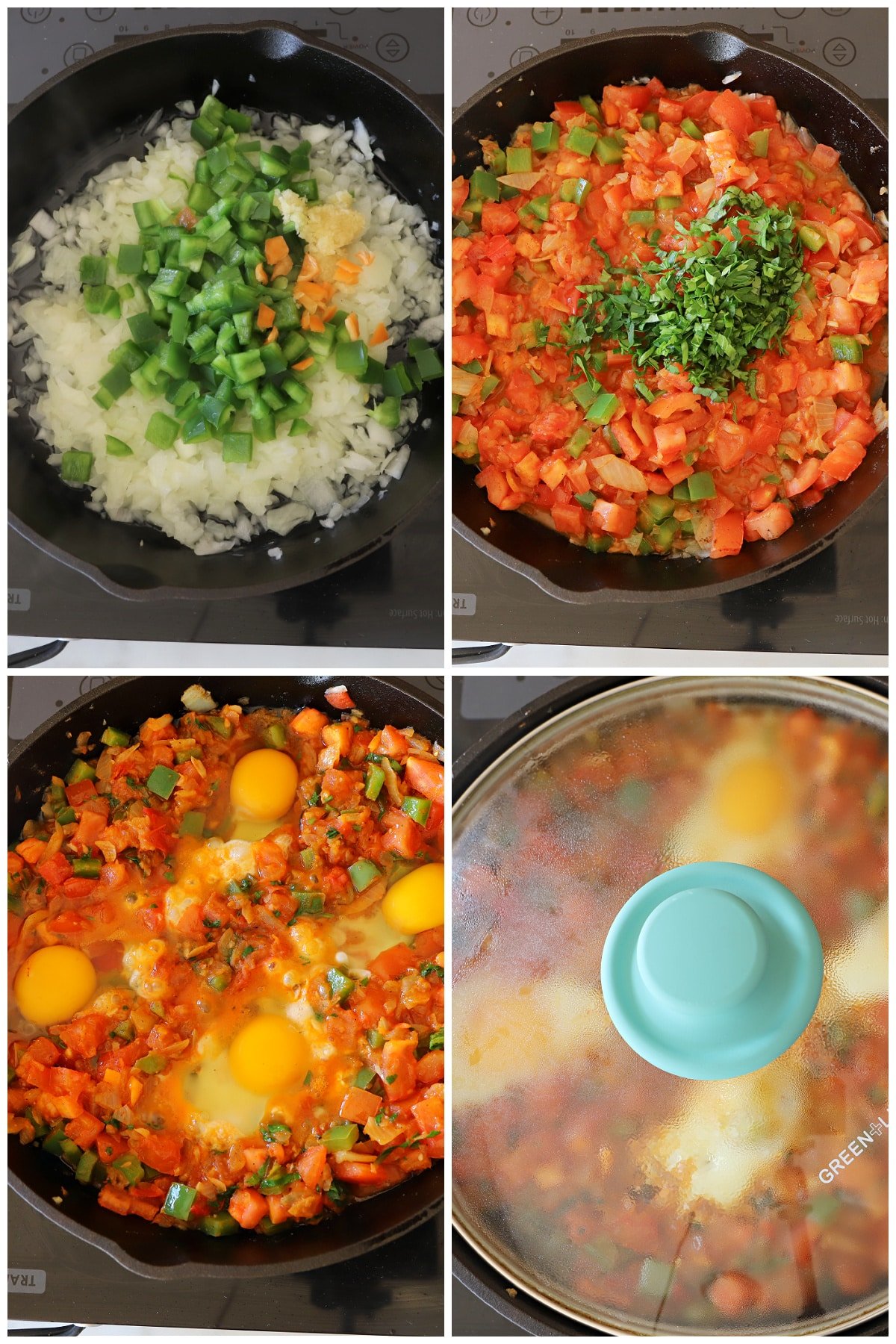 A collage of four images showing how to make shakshouka recipe.