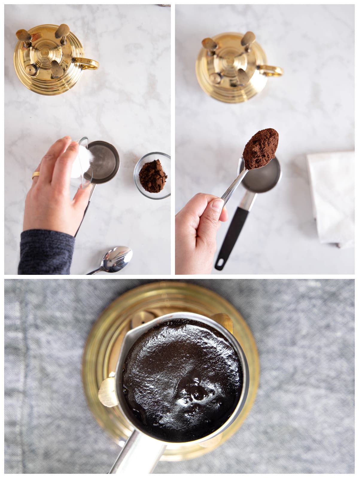 An collage of three images showing hoe to make Turkish coffee.
