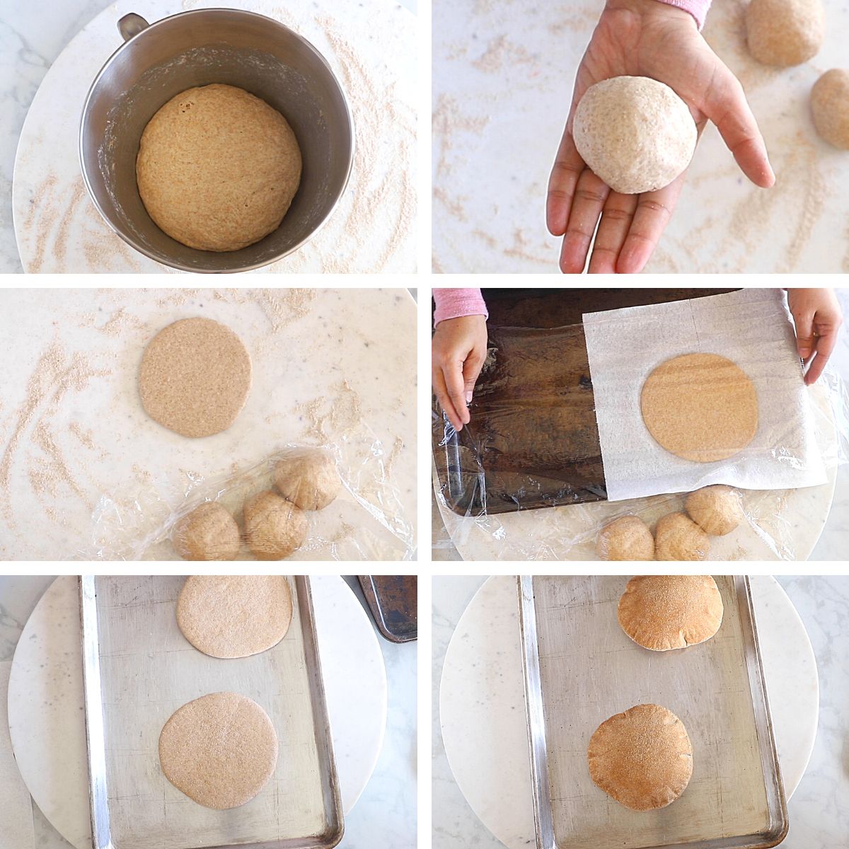 A collage of sex images showing how to shape and bake whole wheat pita bread.