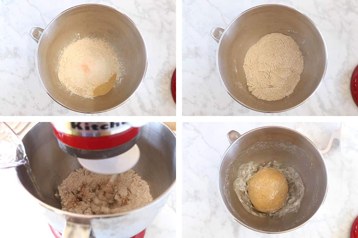 A collage of 4 images showing how to make whole wheat pita bread dough.
