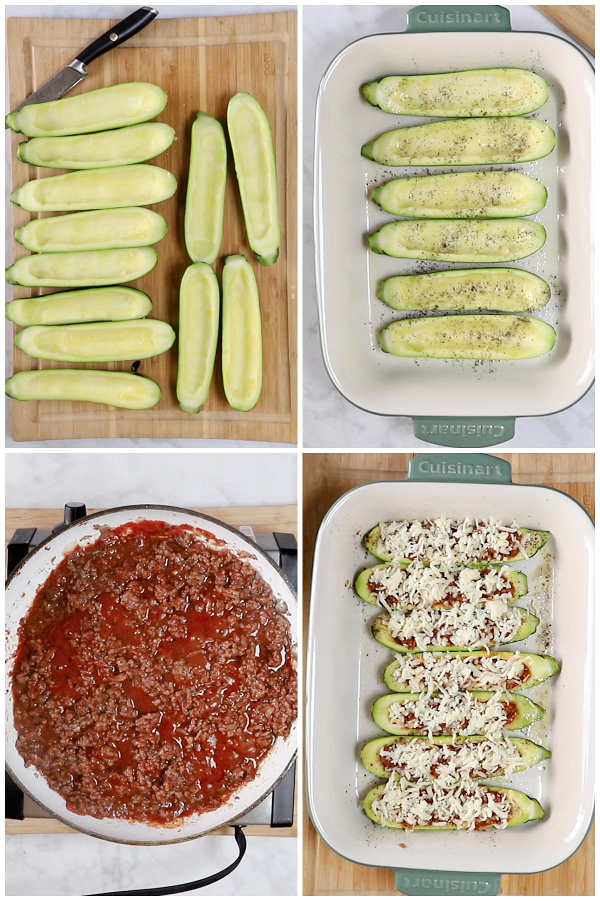 A collage of four images showing how to make zucchini boats.