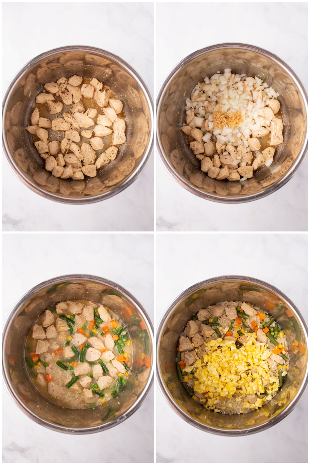 A collage of four images showing how to make instant pot chicken fried rice recipe.