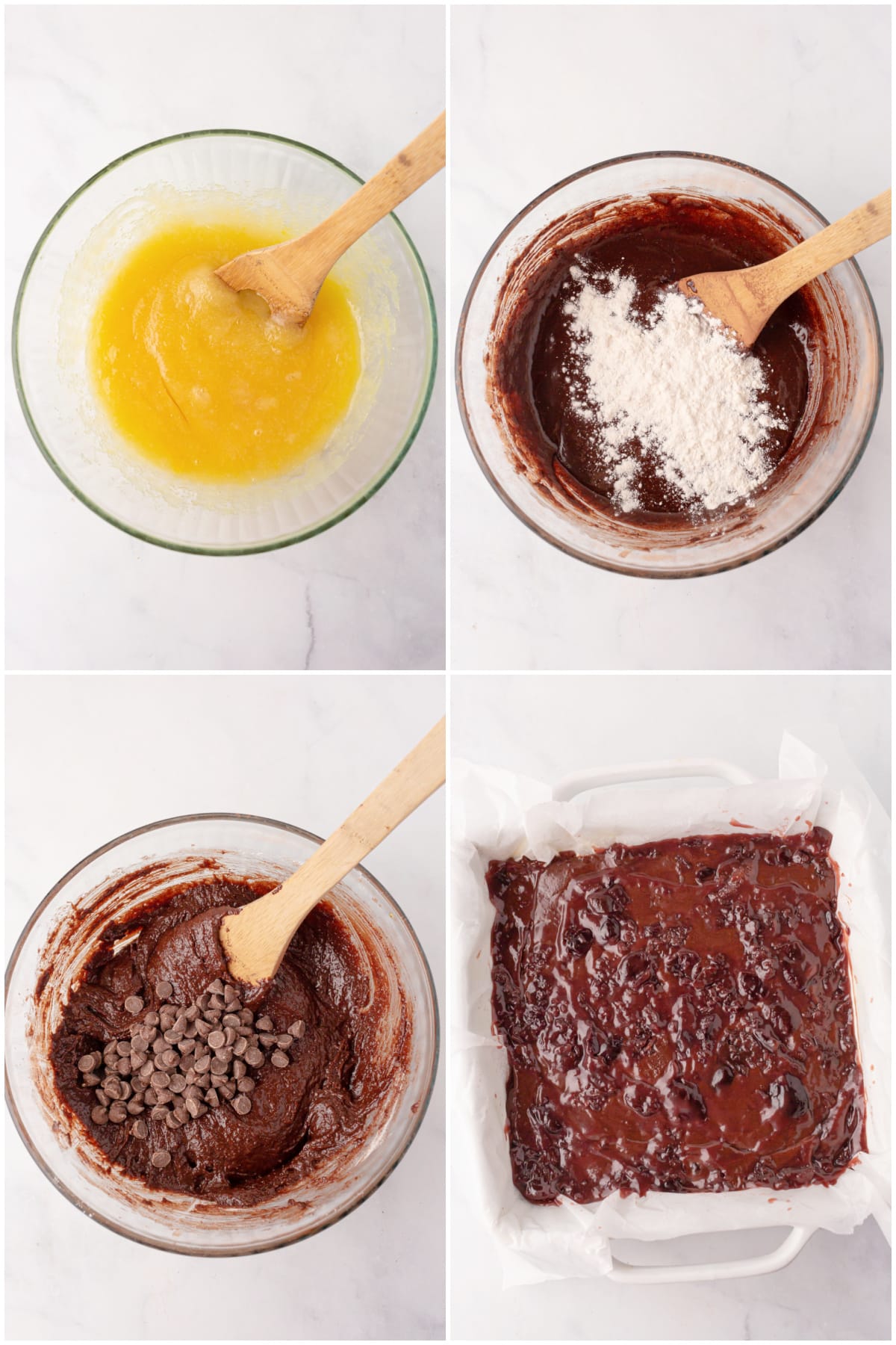 A collage of four images showing how to make black forest brownies.