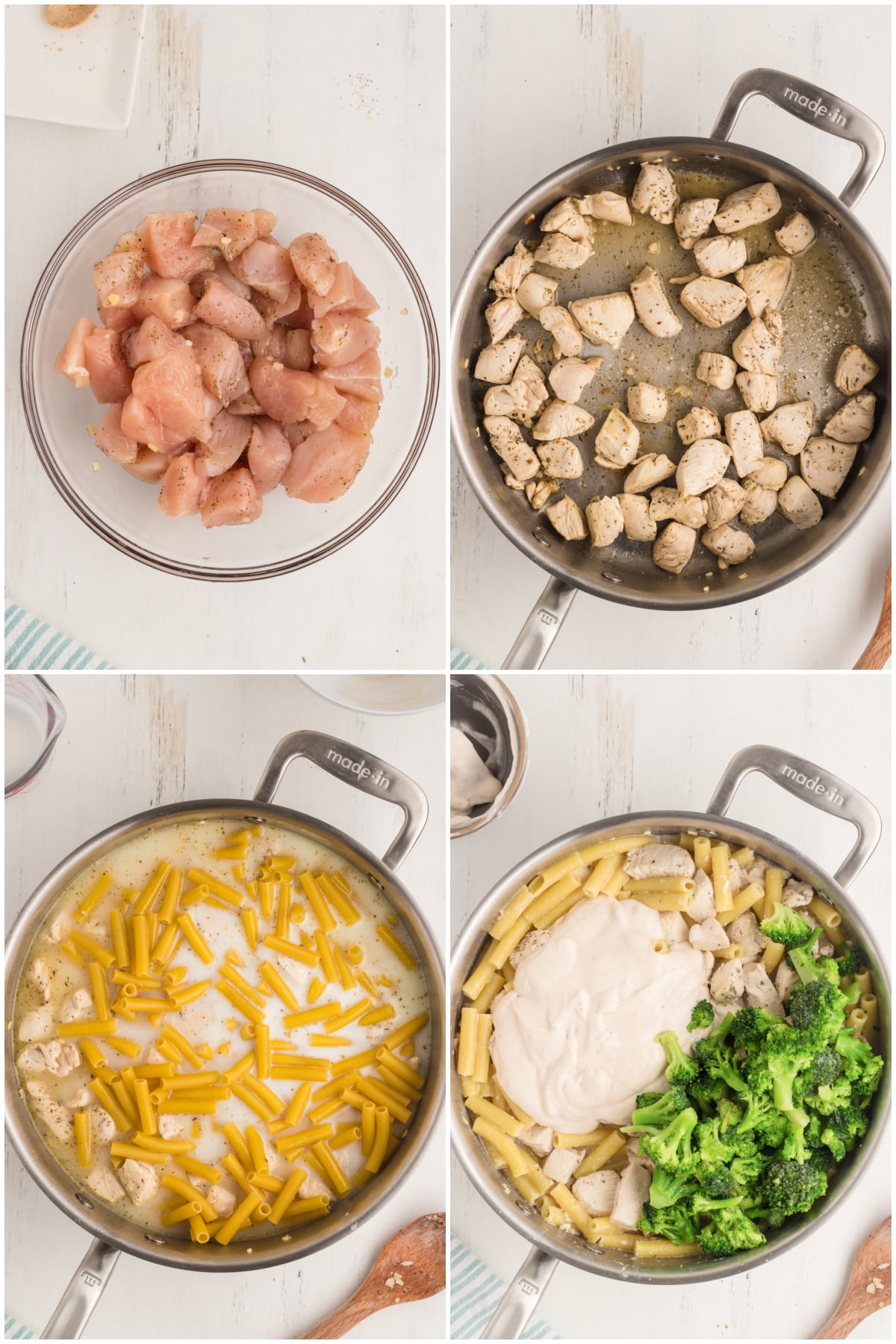 A collage of four images showing how to make chicken broccoli ziti casserole.