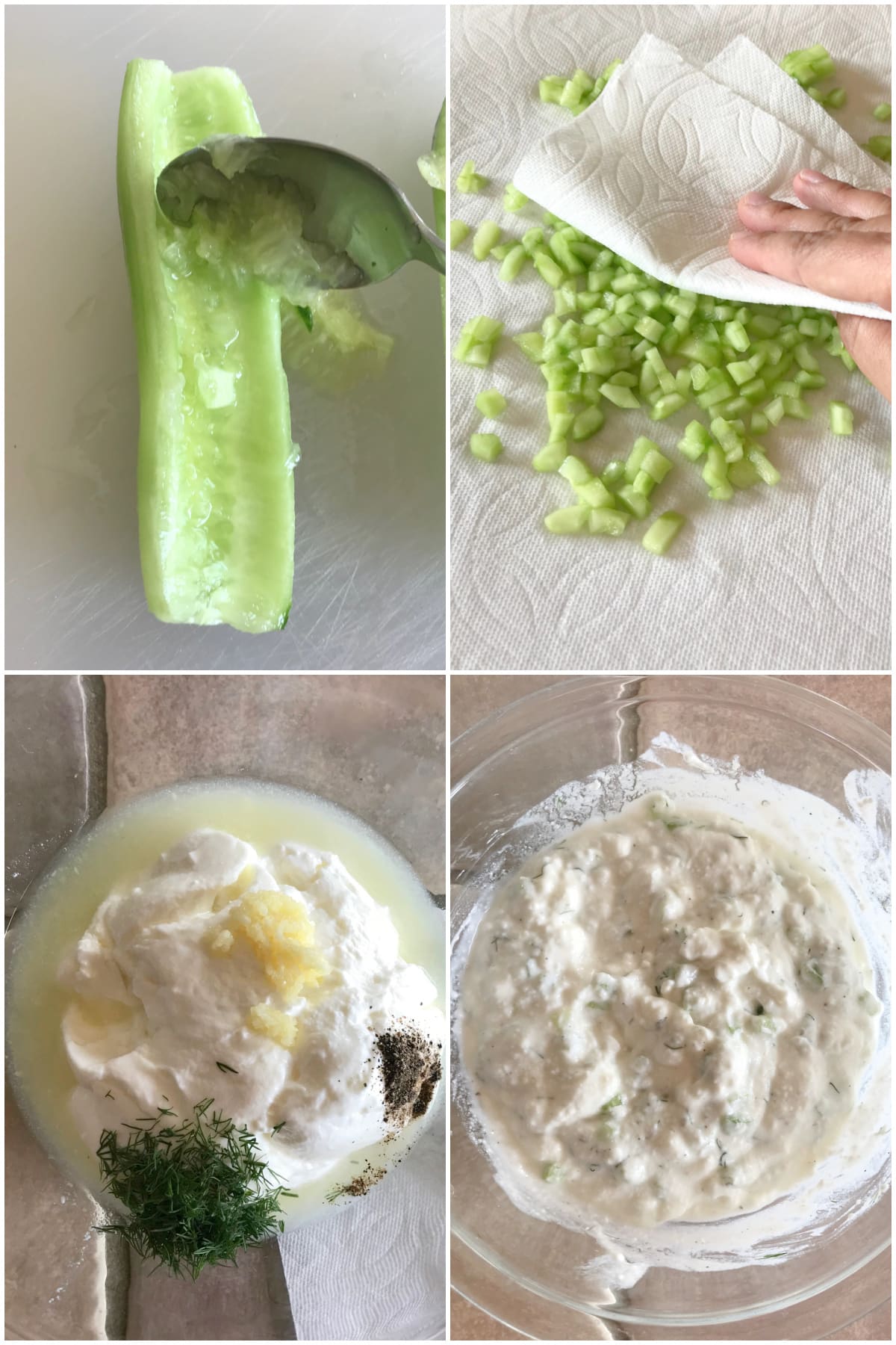 A collage of four images showing how to make Greek yogurt sauce.