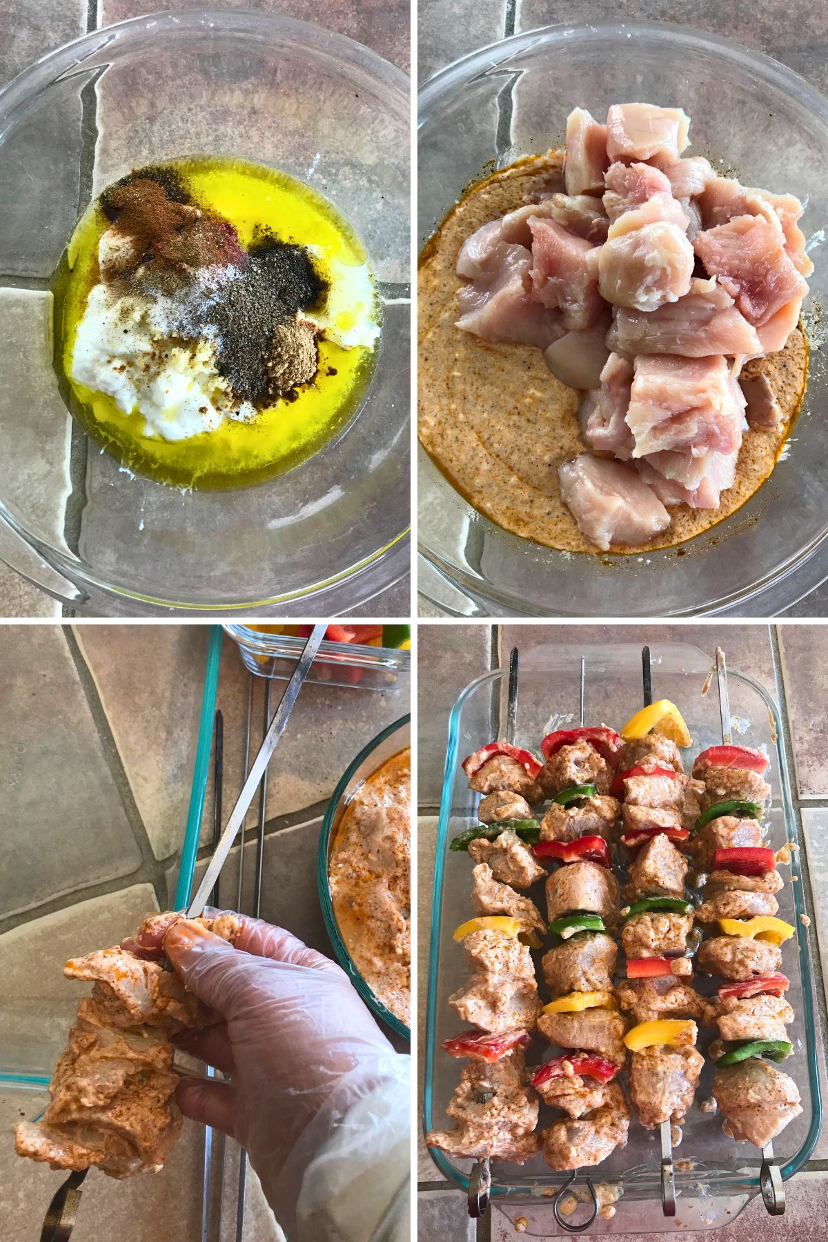 A collage of four images showing how to make grilled chicken kabobs.