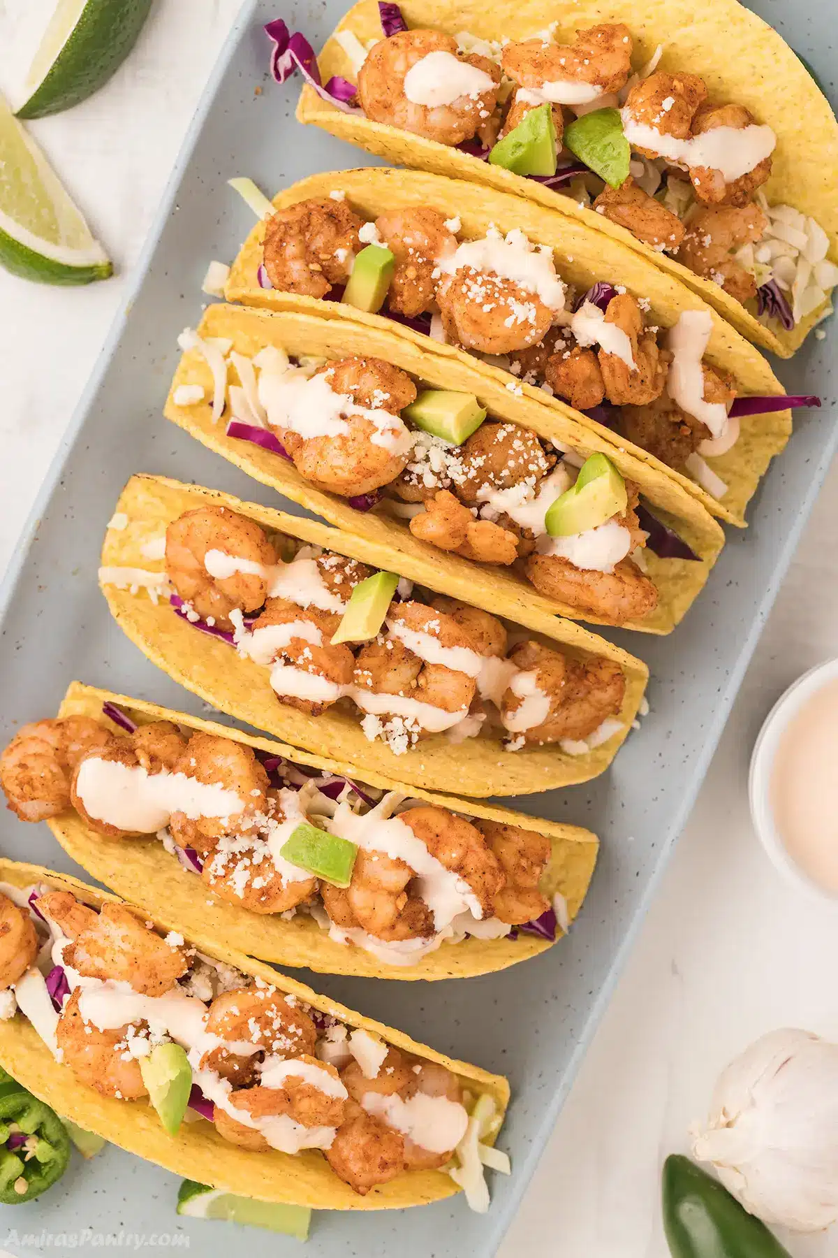 A top view of a plate with shrimp tacos.