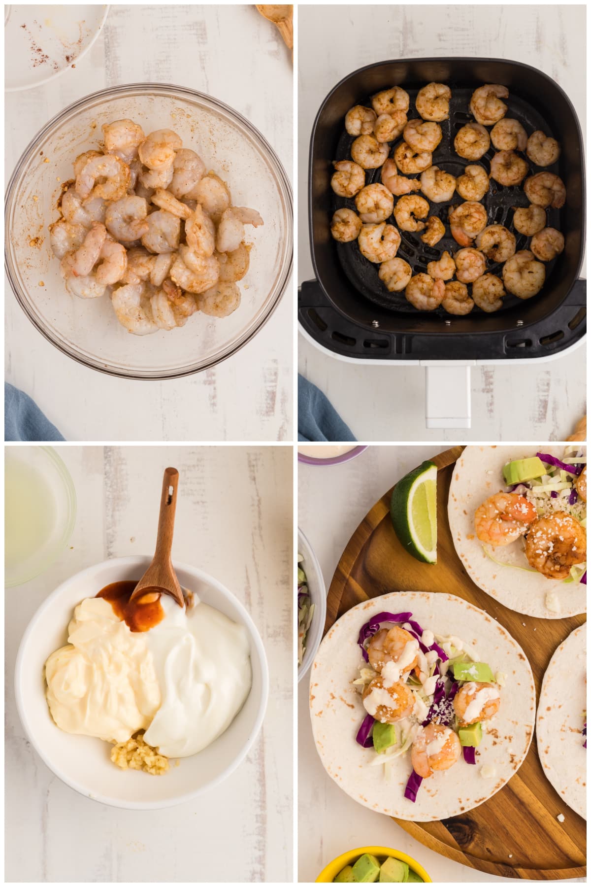 A collage of four images showing how to make air fryer shrimp tacos.