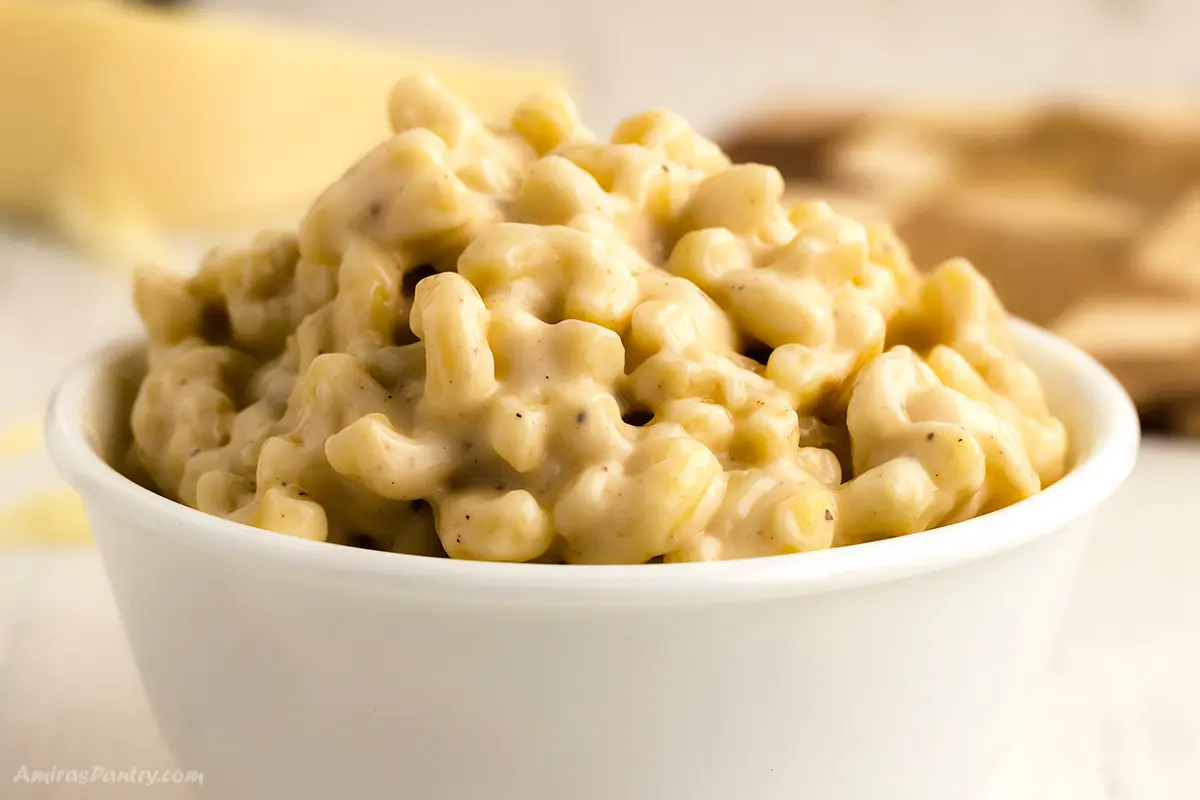 A close up image on gouda mac and cheese to show texture.