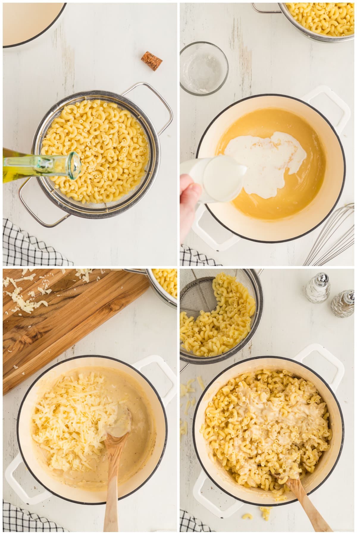 A collage of four images showing how to make gouda mac and cheese.
