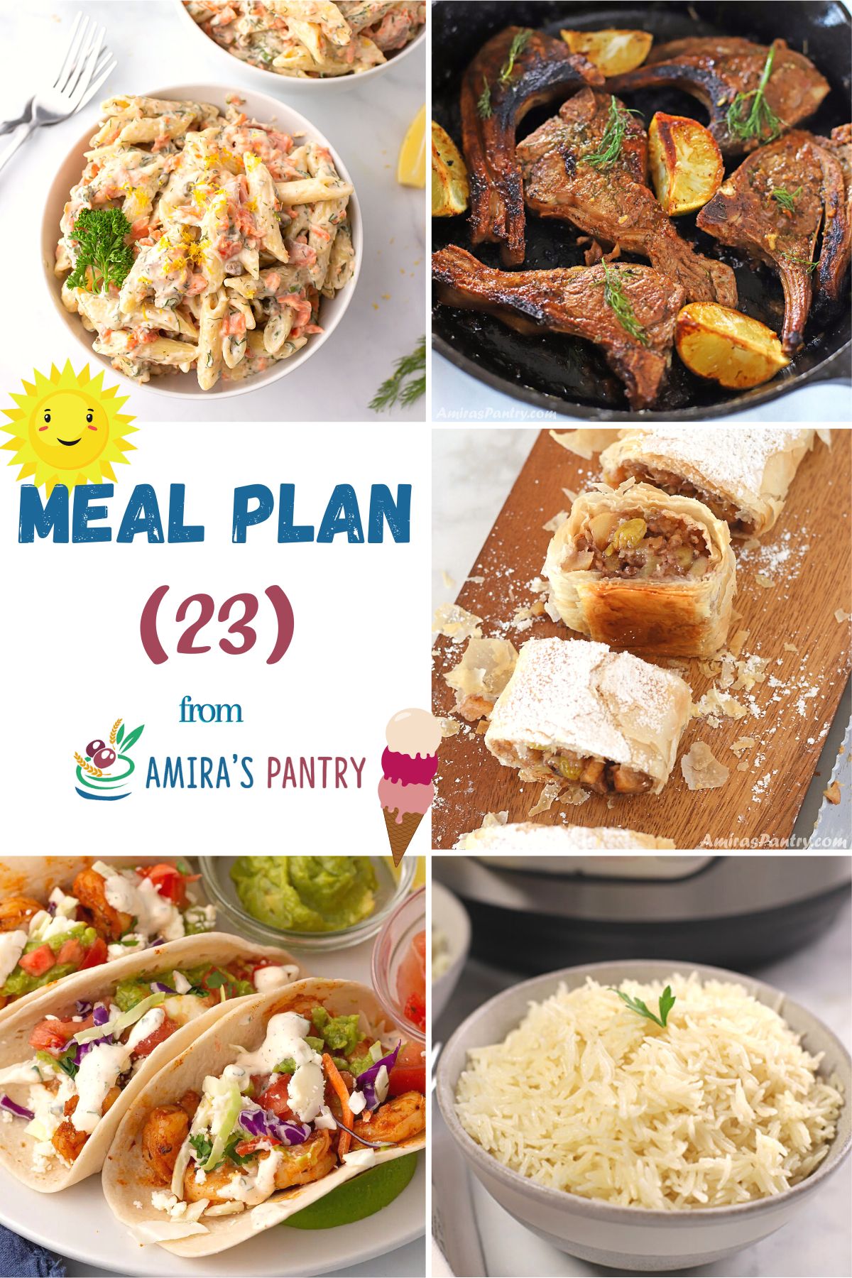 A collage of images for recipes in this weekly meal plan.