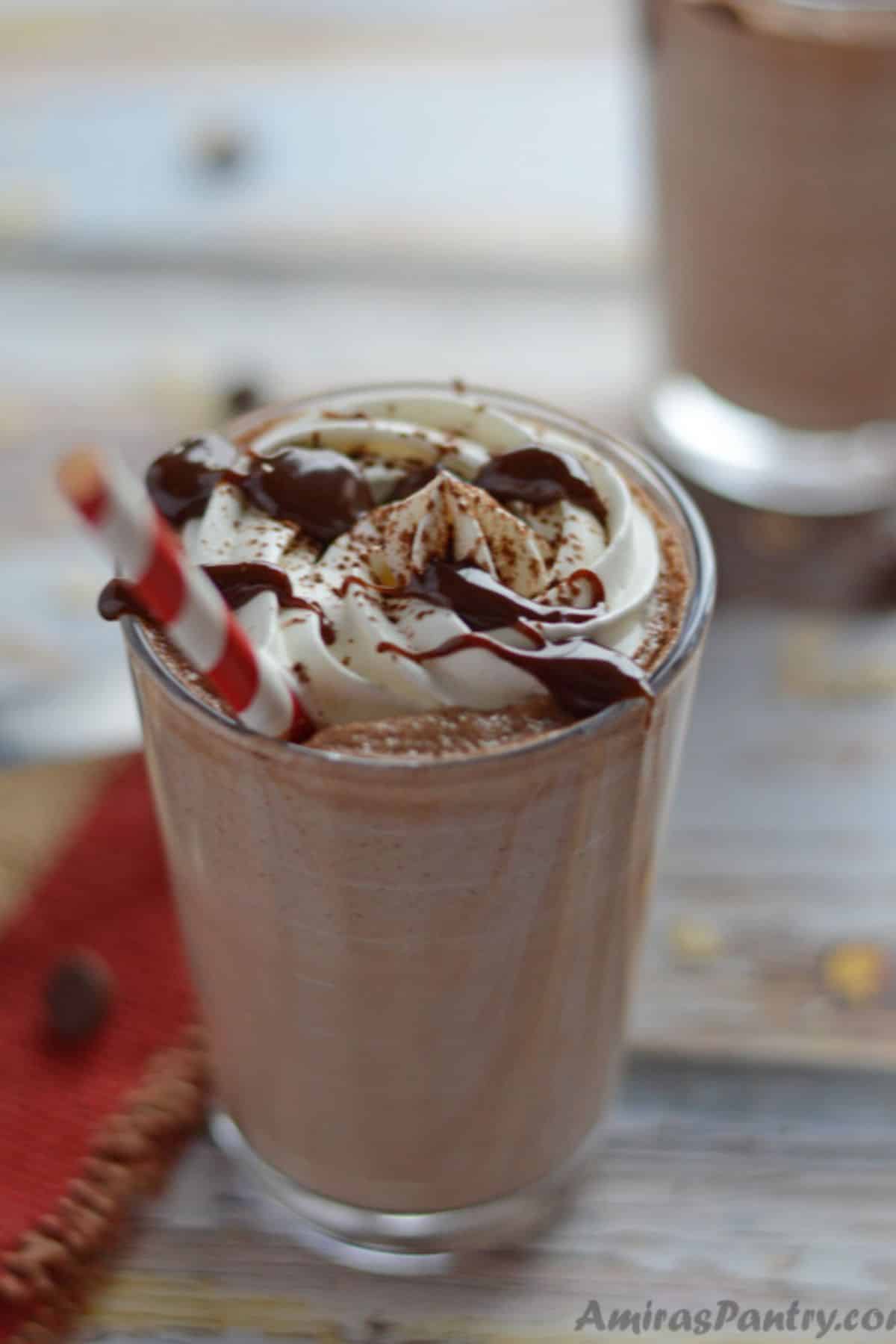 A close up of a drink with Nutella protein milkshake.