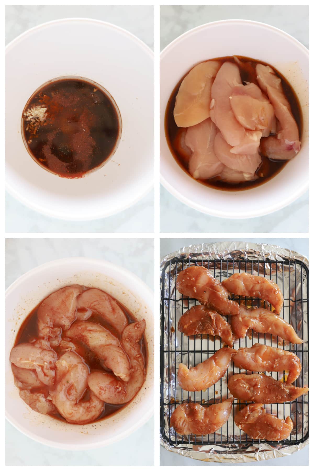 A collage of four images showing how to make grilled chicken tenders.
