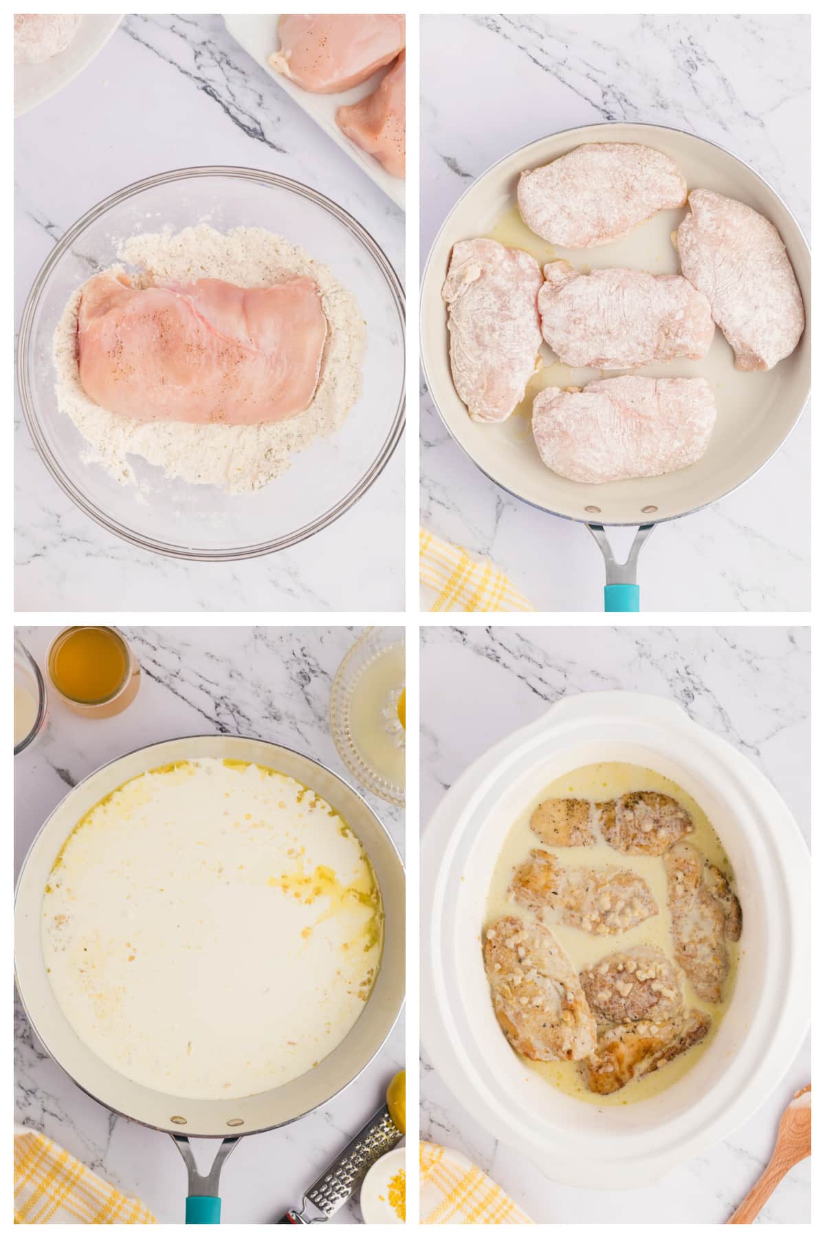 A collage of four images showing how to make slow cooker lemon chicken.