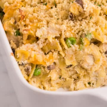 A zoomed in image of a tuna noodle casserole.