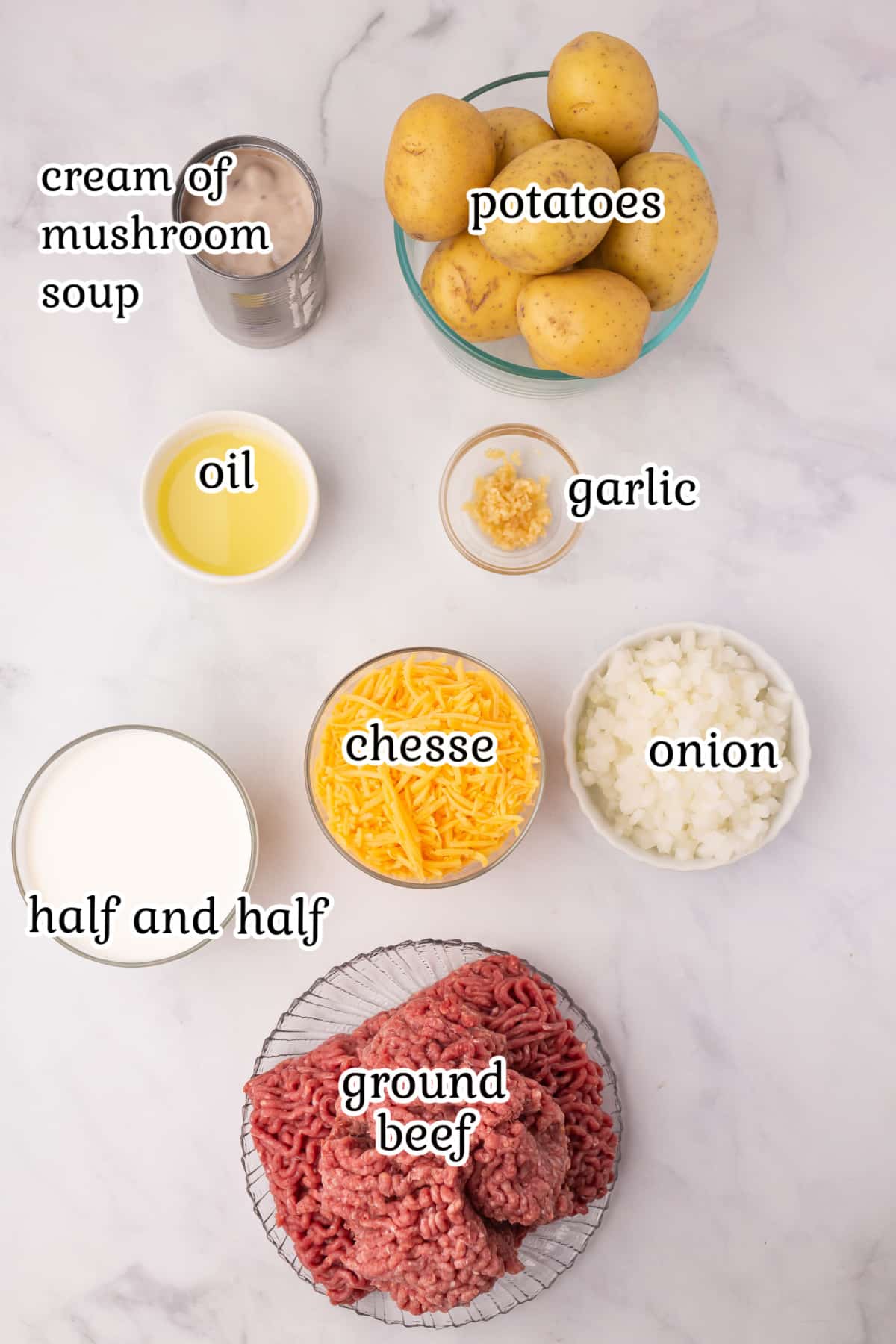 Labeled ingredients list for hamburger potato casserole.
