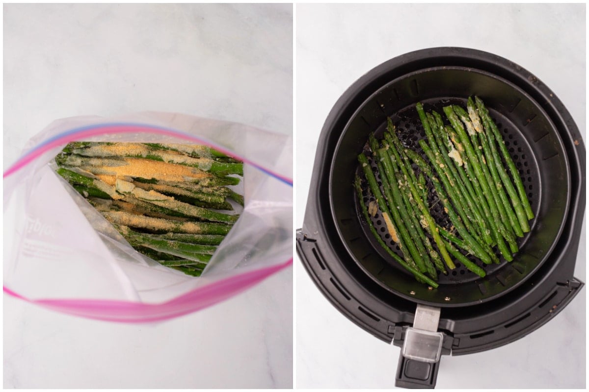 A collage of two images showing instructions to make air fryer frozen asparagus.
