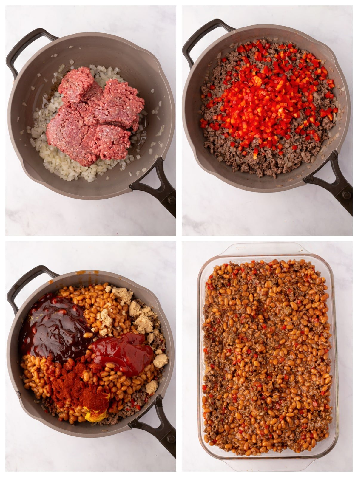 A collage of four images showing instructions to make baked beans.