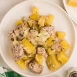 An overhead view of a plate with a serving of chicken potato casserole.