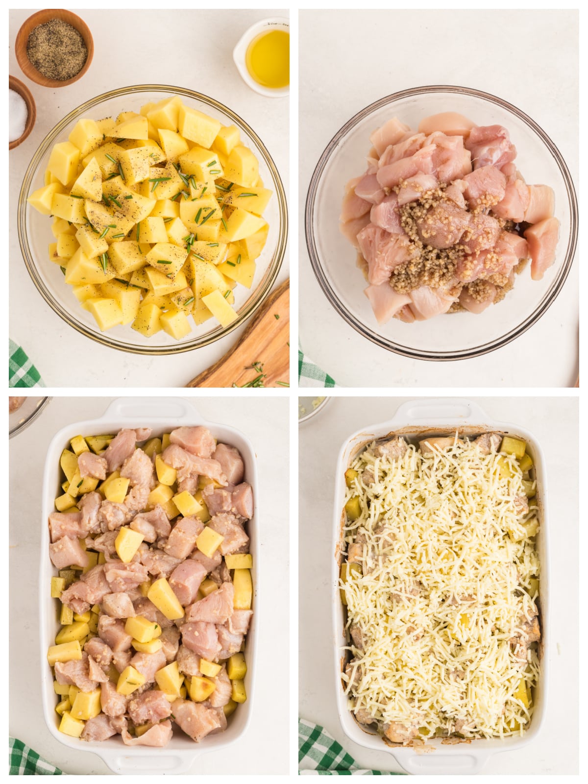 Images showing chicken potato casserole instructions.