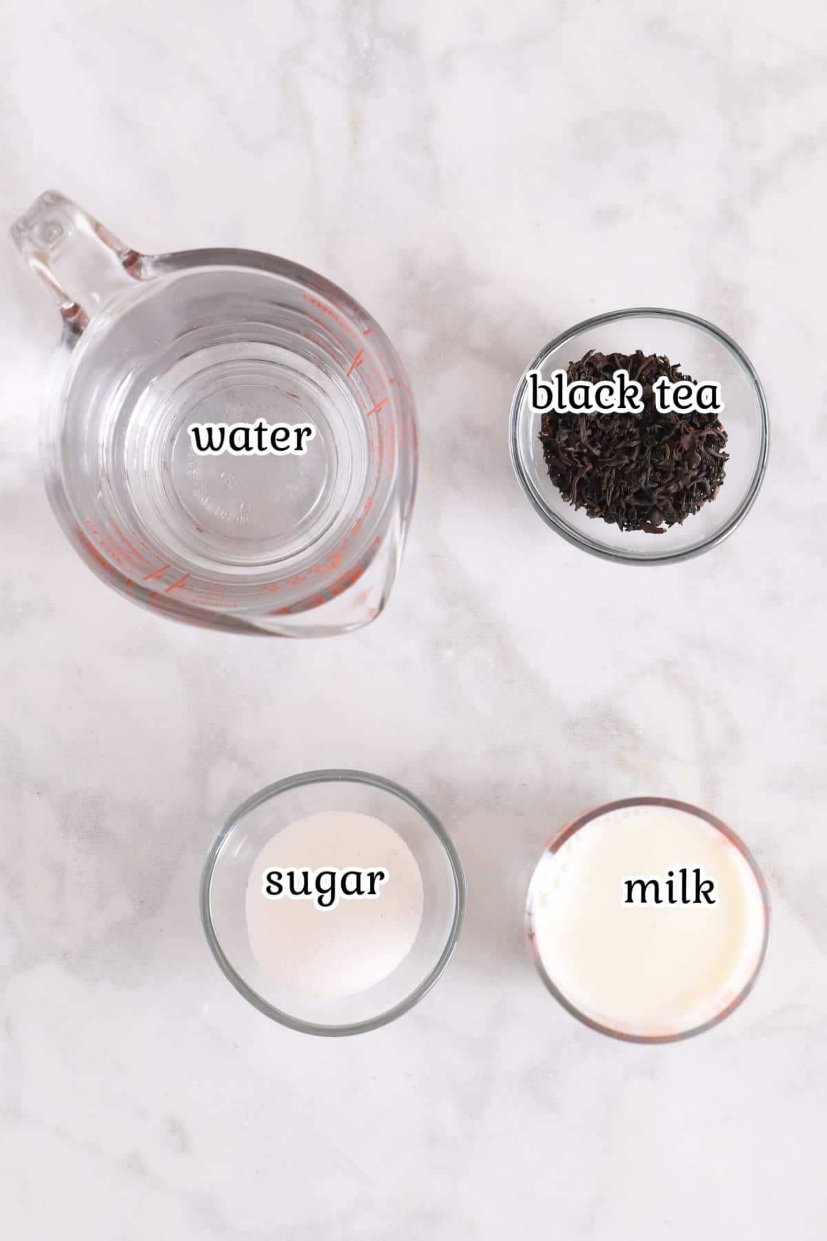 Labeed ingredients for milk tea.