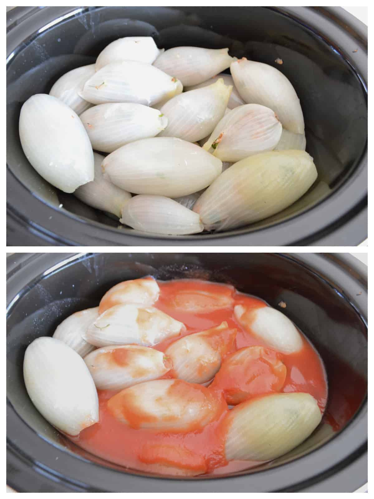 Images of how to cook stuffed onions in the slow cooker.