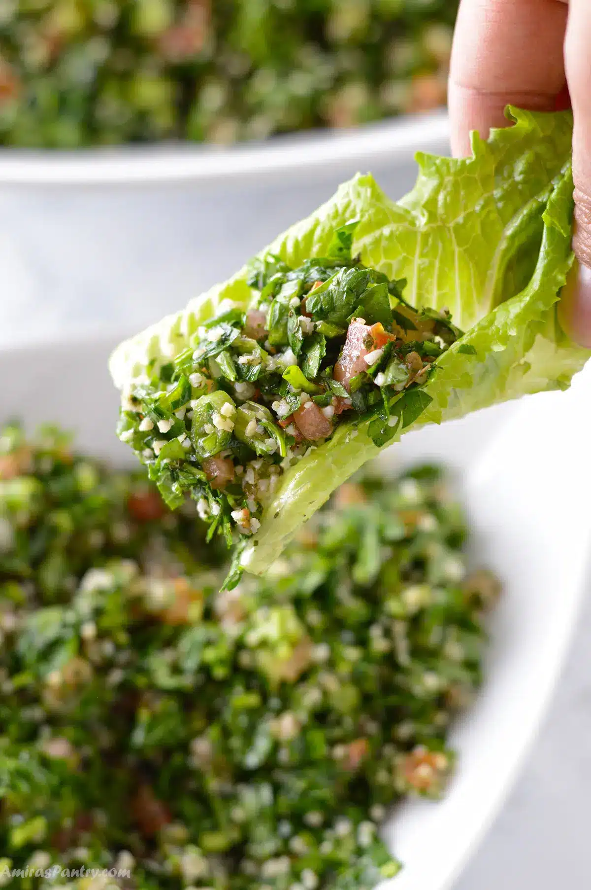 A hand scooping some tabouli with lettuce.