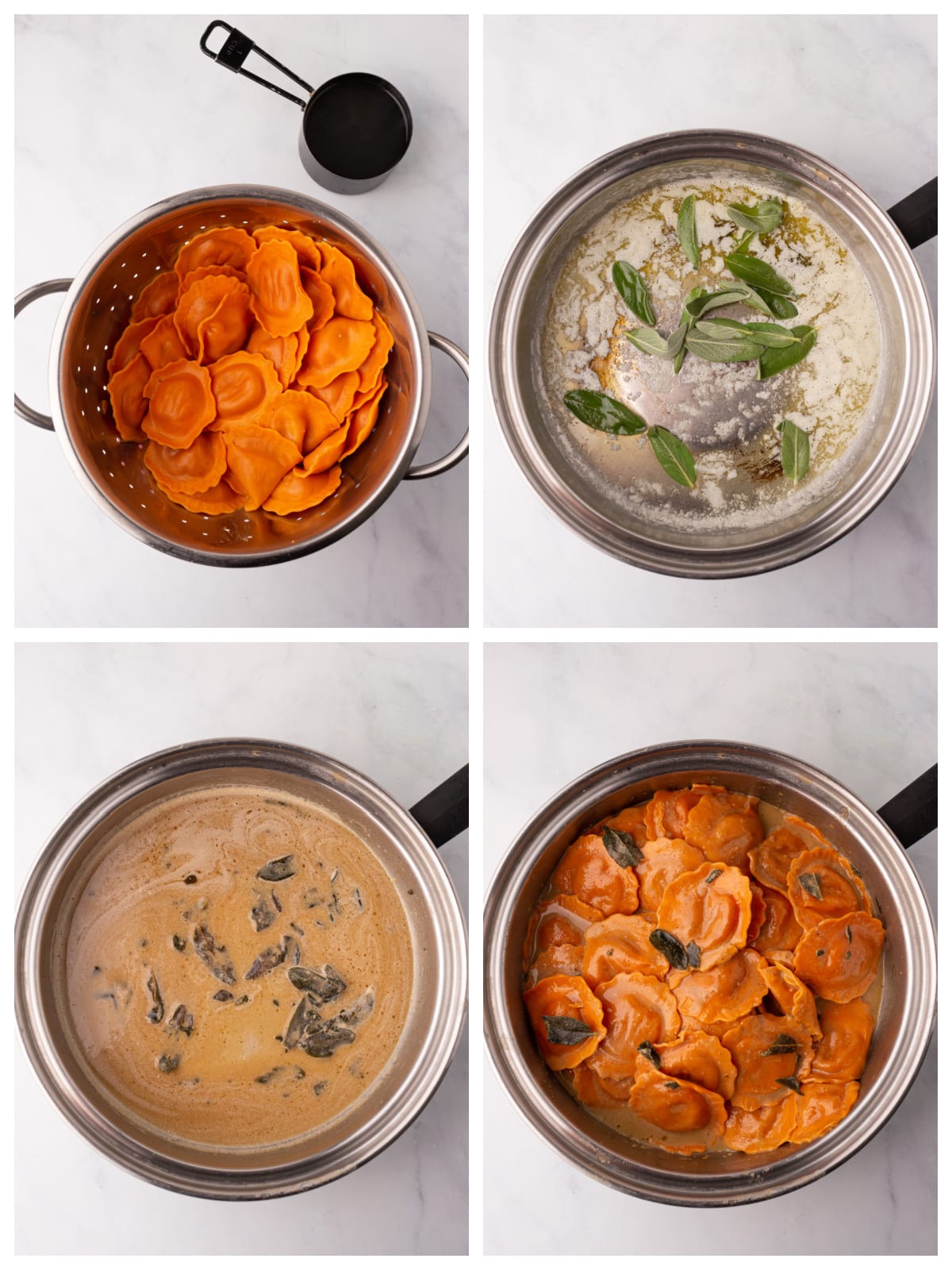 A collage of four images showing instructions to make butternut squash ravioli sauce.