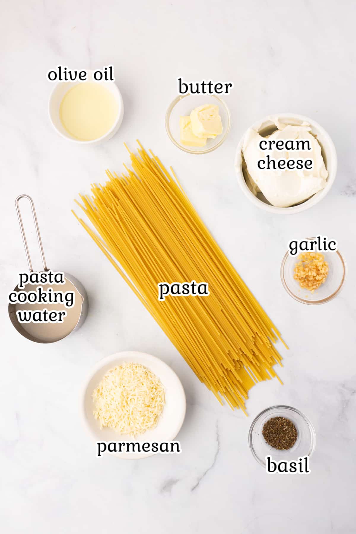Ingredients for cream cheese pasta recipe.