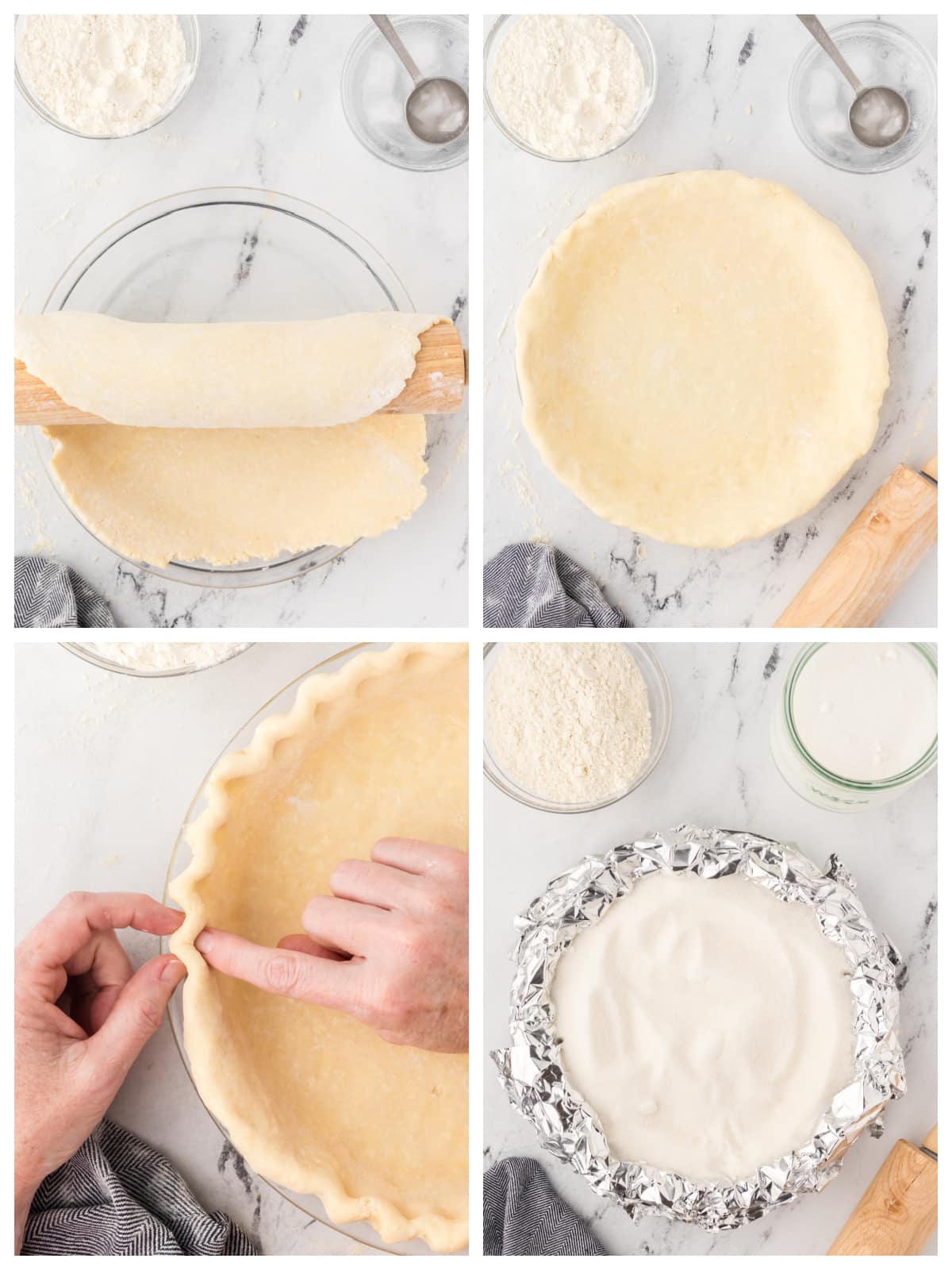 A step by step image showing how to roll and shape a pie crust for blind baking.