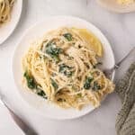 A round white dish with a serving of ricotta cheese pasta.