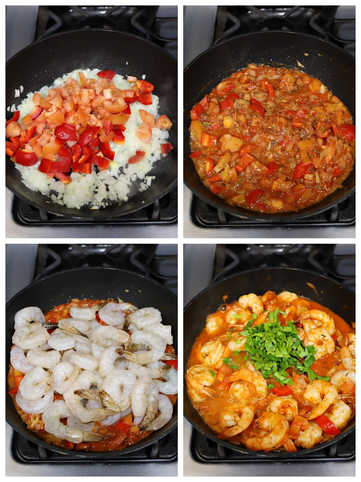 A collage of four images showing instructions to make shrim ps tew.