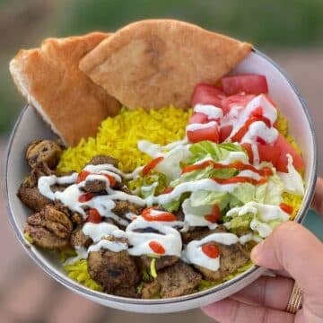A top view of a plate with halal chicken and rice.