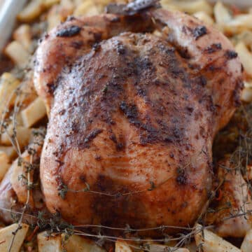 A whole stuffed chicken on a roasting pan.
