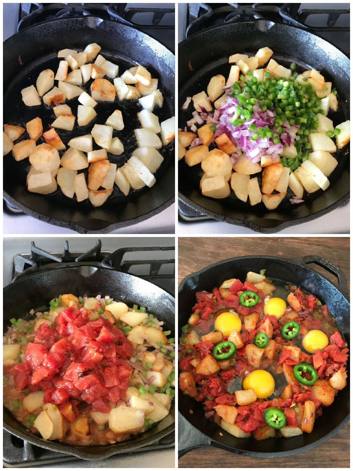 A collage of images showing instructions to make the potato egg breakfast recipe.