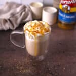 Starbucks copycat creme brulee latte on a wooden board.