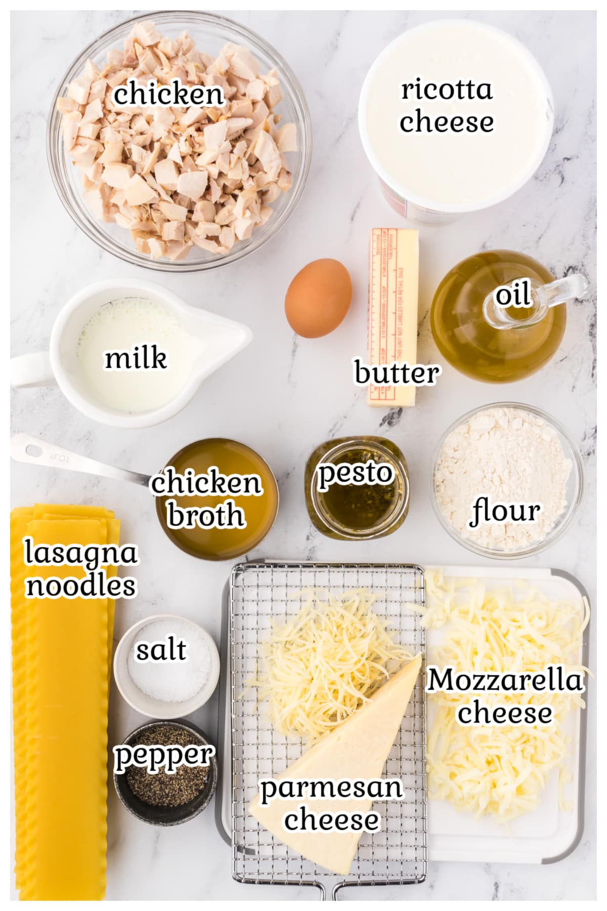 Ingredients to make the lasagna recipe with text overlay.