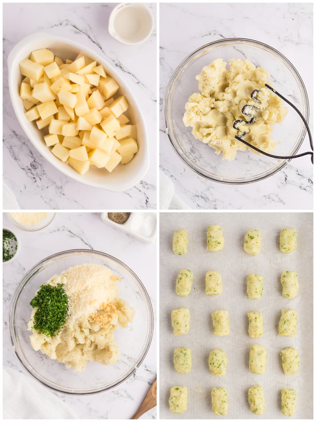 A collage of four images with instructions on how to shape potato croquettes.
