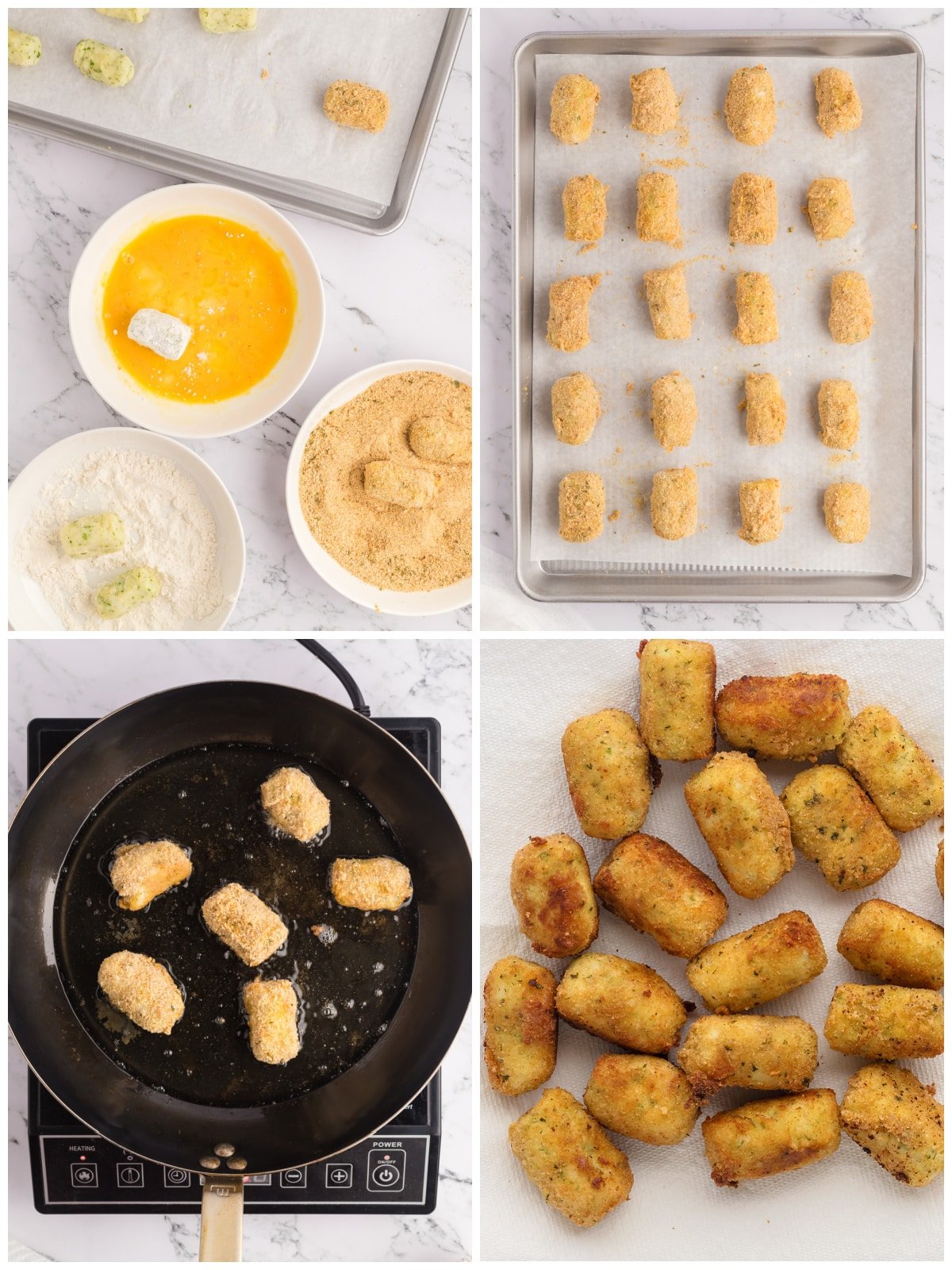 A collage of four images with instructions on frying potato croquettes.