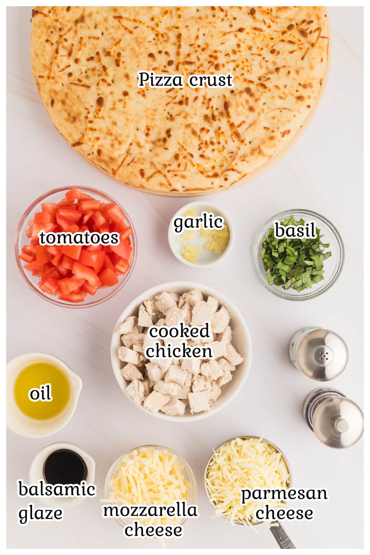 Ingredients to make the pizza recipe with text overlay.