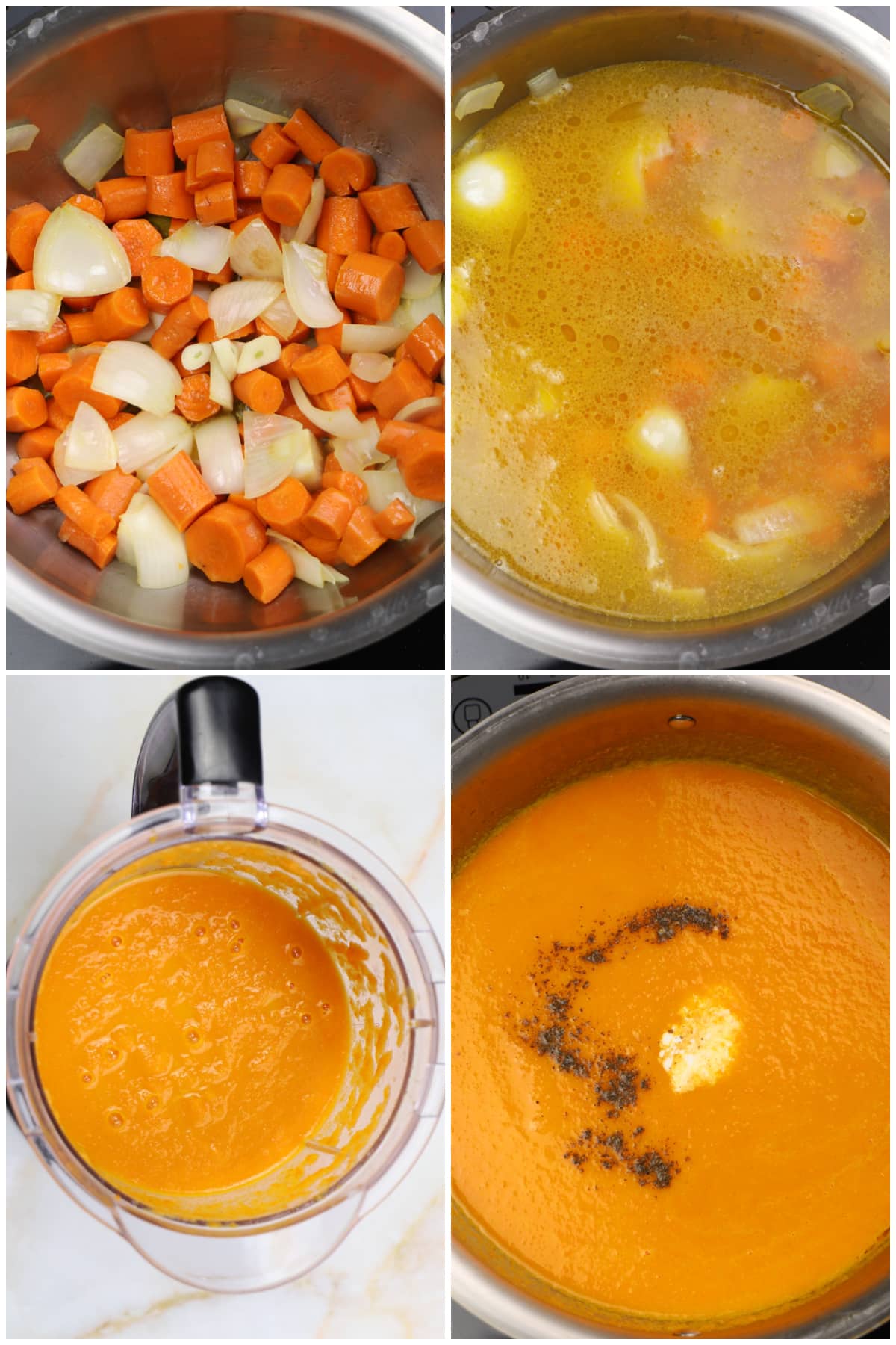 A collage of four images showing instructions to make the carrot soup.