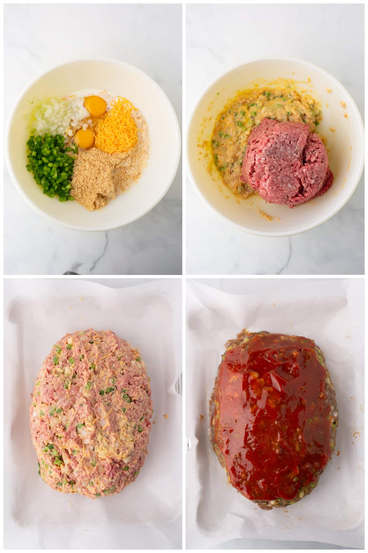 A collage of four images showing instructions to make the meatloaf.