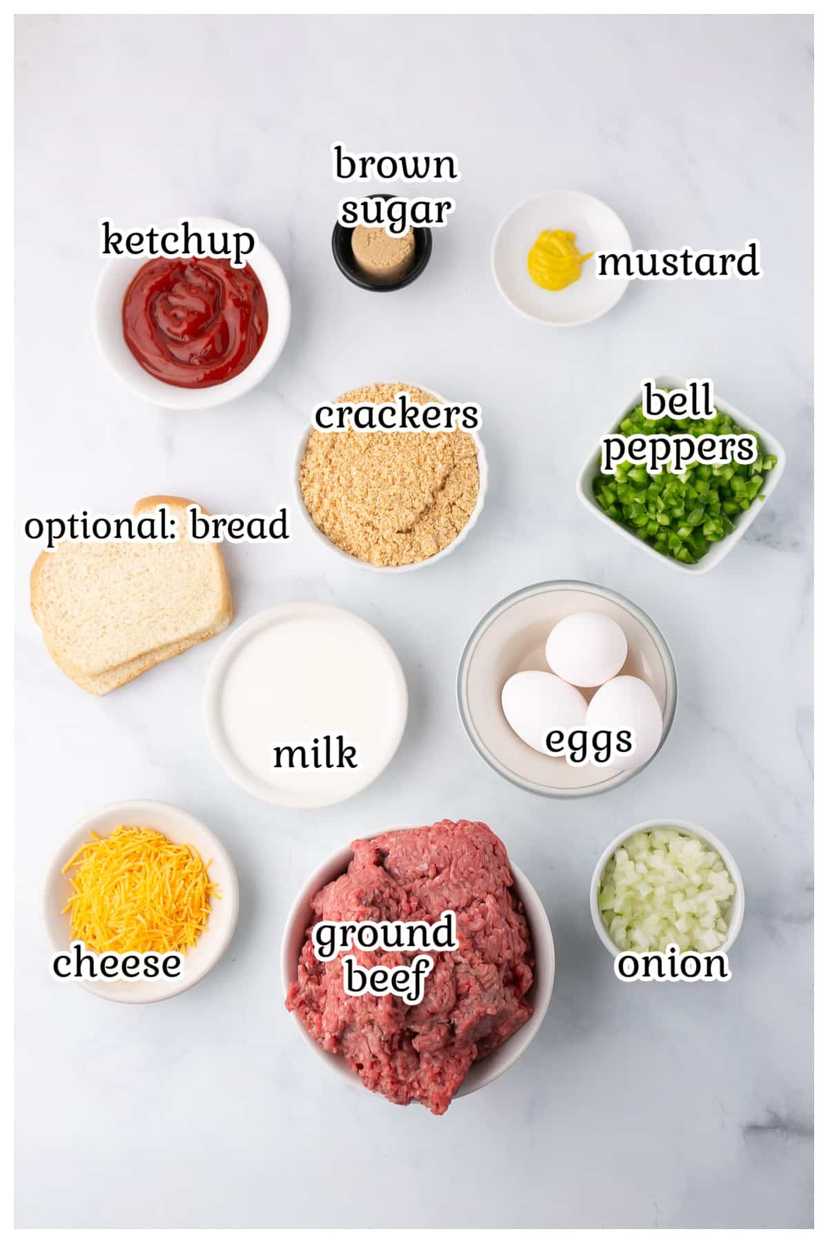 Ingredients of the meatloaf with text overlay.