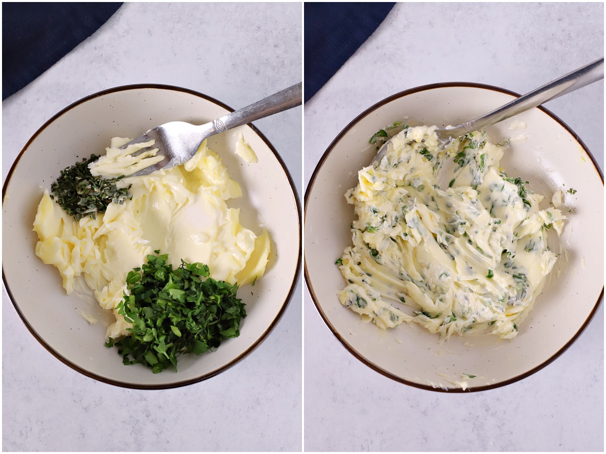A collage of two images showing how to make rosemary garlic butter.