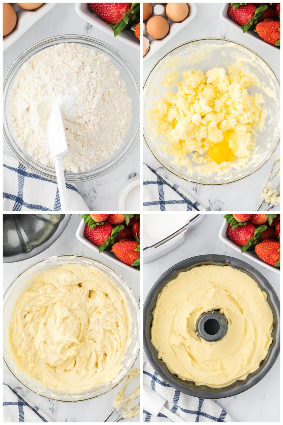 A collage of four images showing how to make and bake the bundt cake.